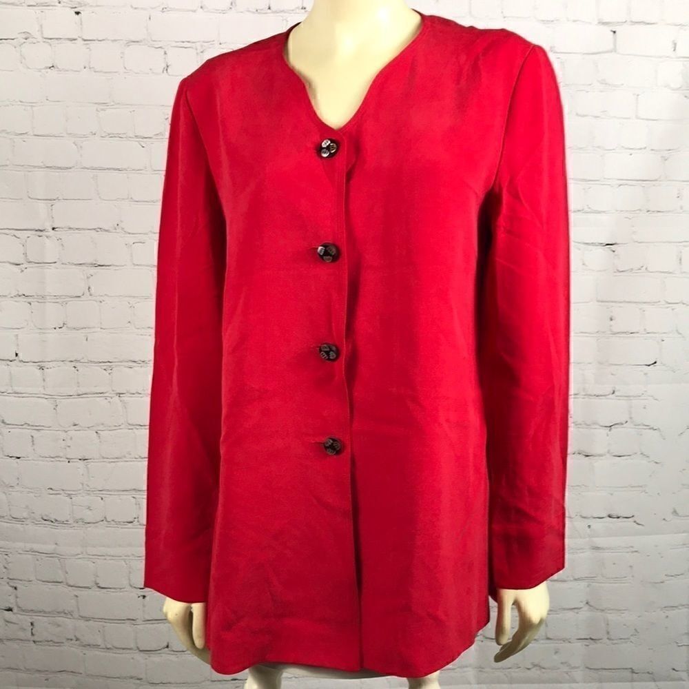 Dana Buchman Red Silk top mother Pearl Buttons EUC
